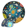 Ronde ruimte-puzzel voor kinderen met bijhorende opbergdoos, kleurrijke illustratie van het zonnestelsel en astronauten.