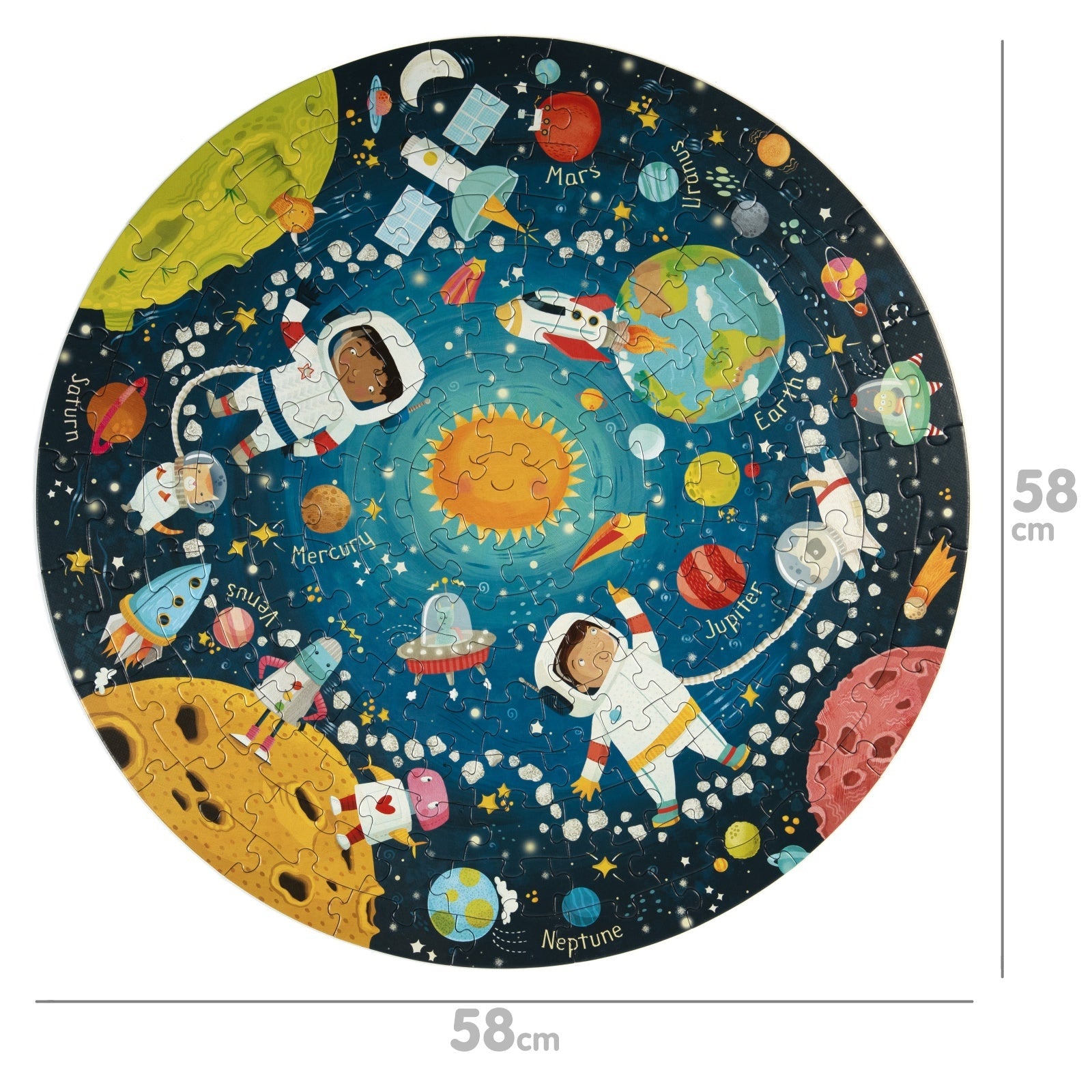 Ronde kinderpuzzel met ruimte-thema met een diameter van 58 cm, illustratie van planeten, astronauten en sterren.