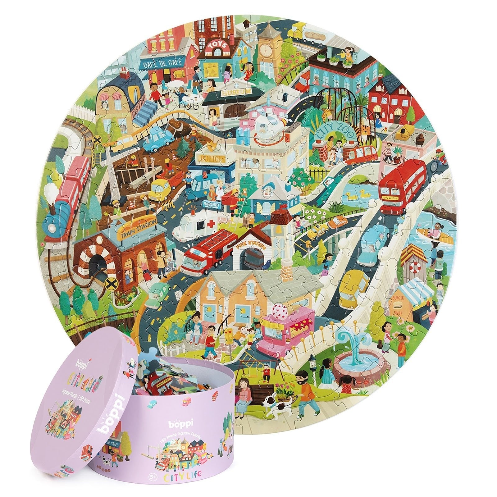 Ronde kinderpuzzel met stadsleven-thema en bijpassende opbergdoos, kleurrijke illustratie van een drukke stad.