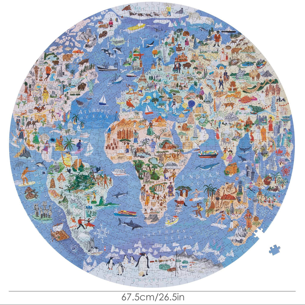 Ronde wereldkaart puzzel van 67,5 cm diameter met gedetailleerde illustraties en decoratief ontwerp