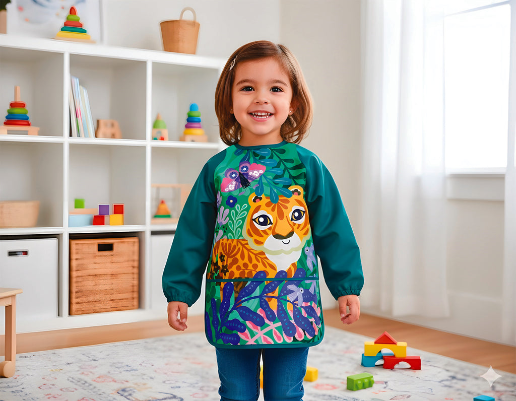 Meisje draagt kleurrijke Crealign knutselschort met tijger print