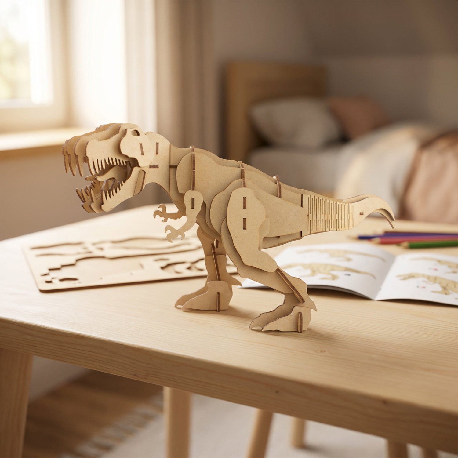 Houten Tyrannosaurus Rex bouwpakket op tafel in kinderkamer interieur