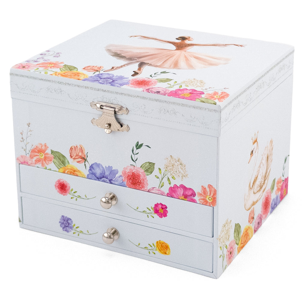 Sieradendoos met bloemenprint, twee lades en decoratieve rand.