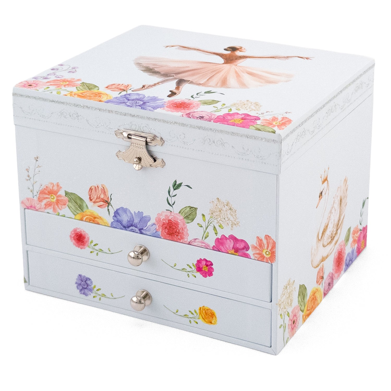 Sieradendoos met bloemenprint, twee lades en decoratieve rand.