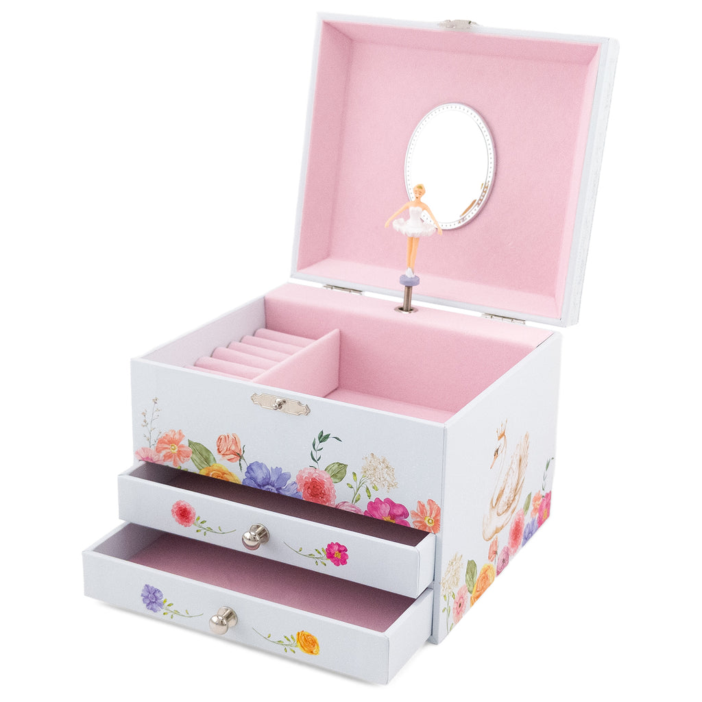 Open sieradendoos met roze interieur, spiegel in de deksel en een draaiende ballerinafiguur.