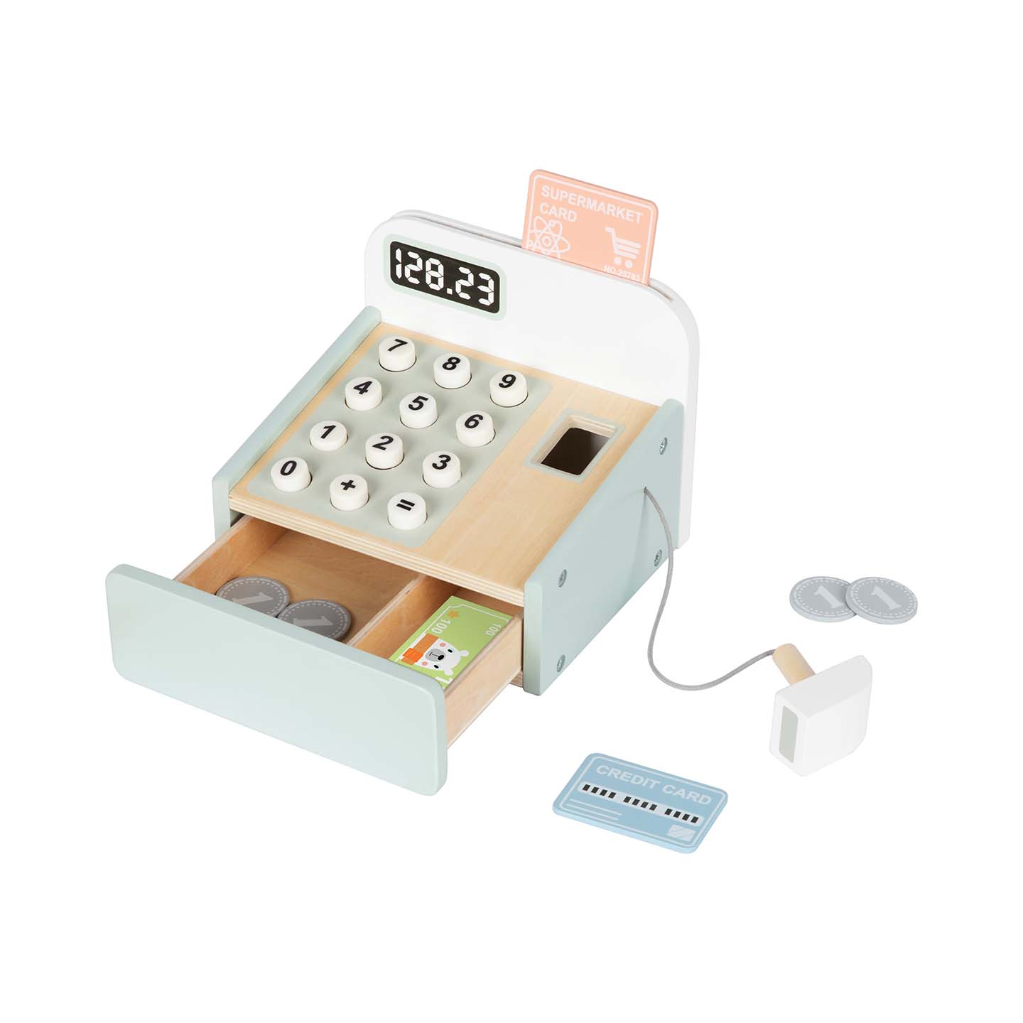 Houten speelgoed kassa voor kinderen met scanner, speelgeld en betaalkaart – compleet winkelspeelgoed