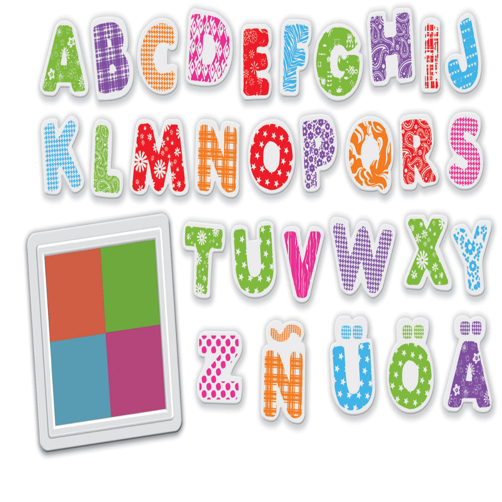 Inhoud van de verpakking va Alfabet stempelset ( stempels van letters+ kussentje)