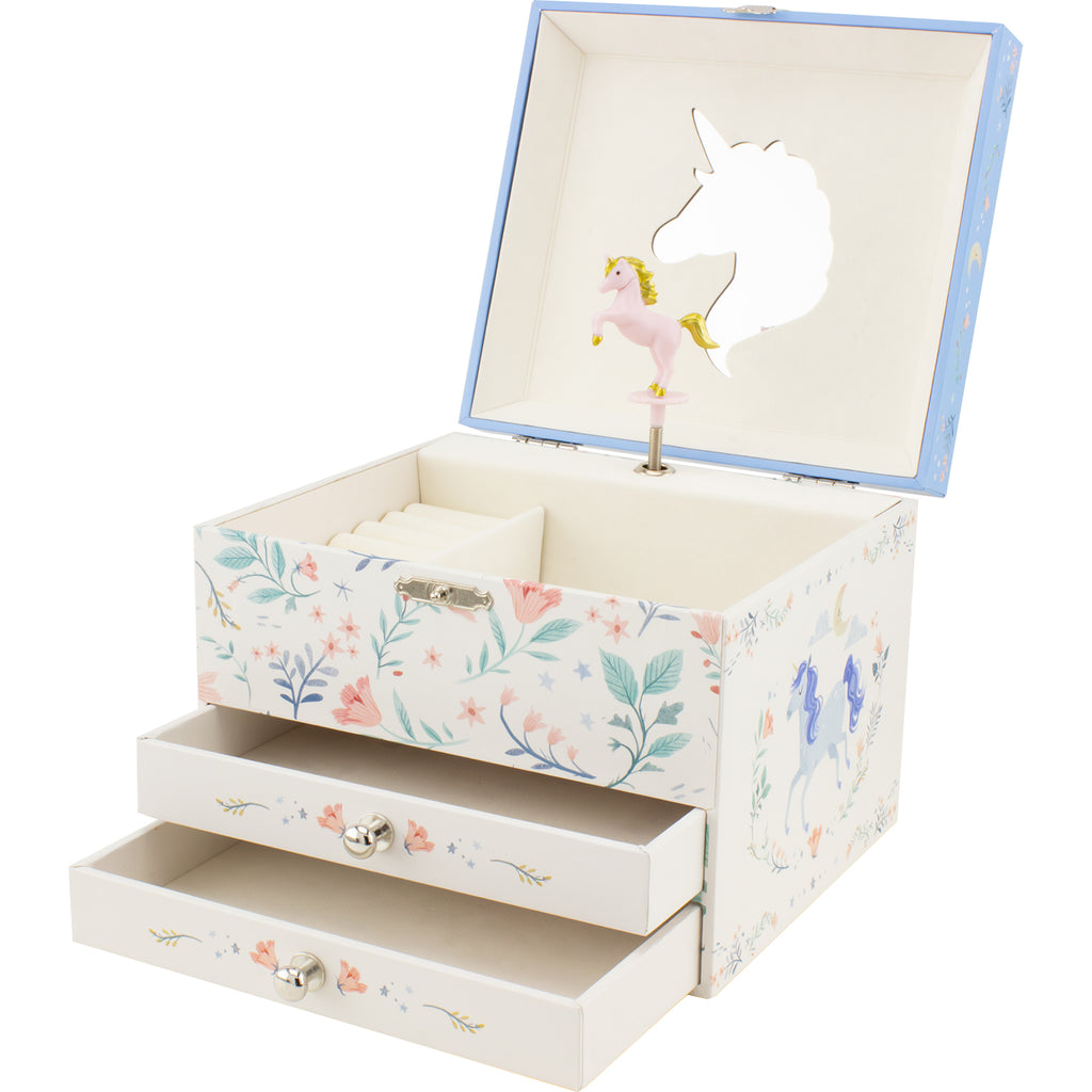 Gesloten unicorn juwelendoosje met bloemenprint en twee lades, ringhouder
