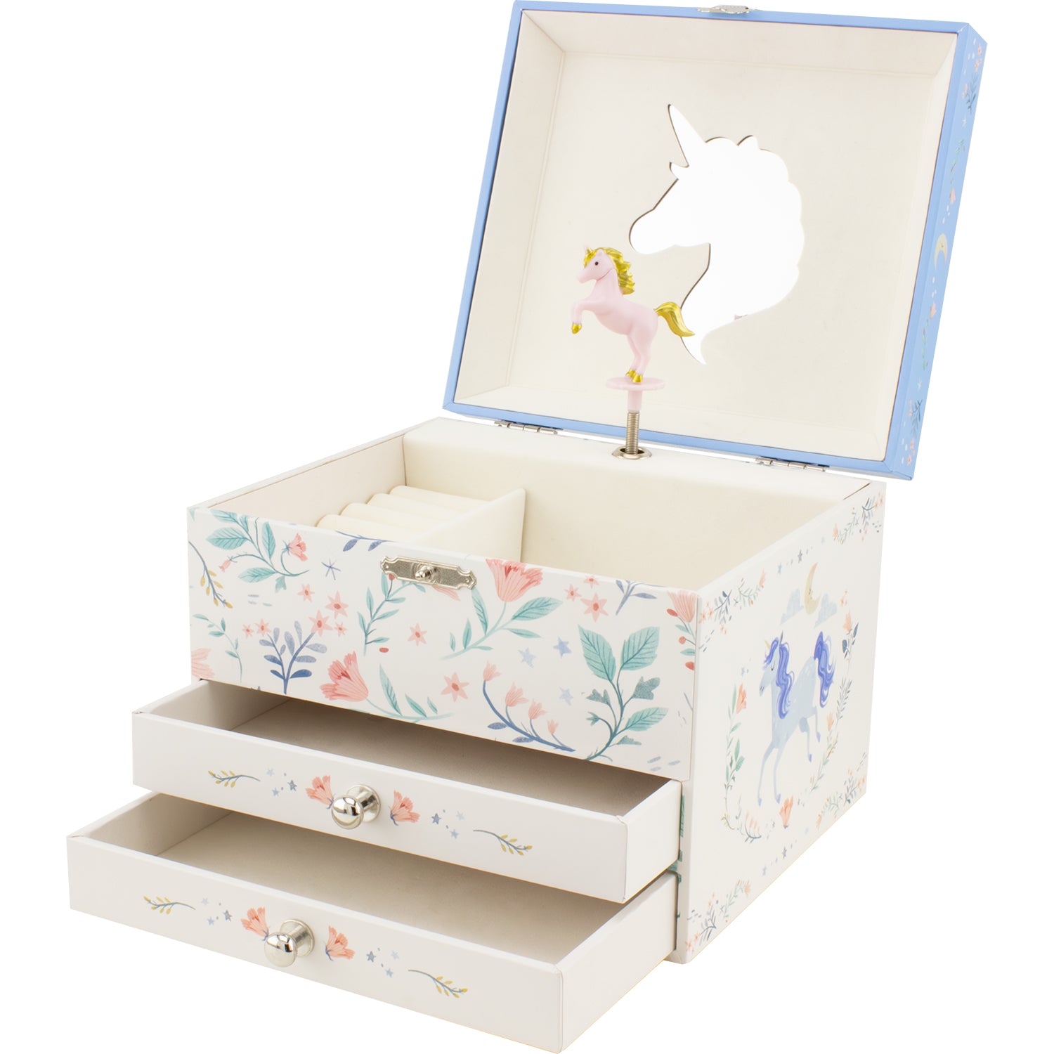 Gesloten unicorn juwelendoosje met bloemenprint en twee lades, ringhouder