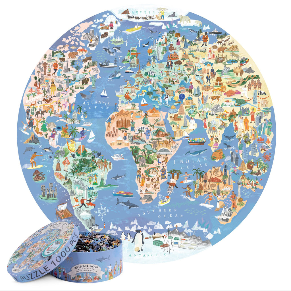 Ronde wereldkaart puzzel met illustraties van landen, dieren, gebouwen en culturen wereldwijd