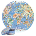 Ronde wereldkaart puzzel met illustraties van landen, dieren, gebouwen en culturen wereldwijd