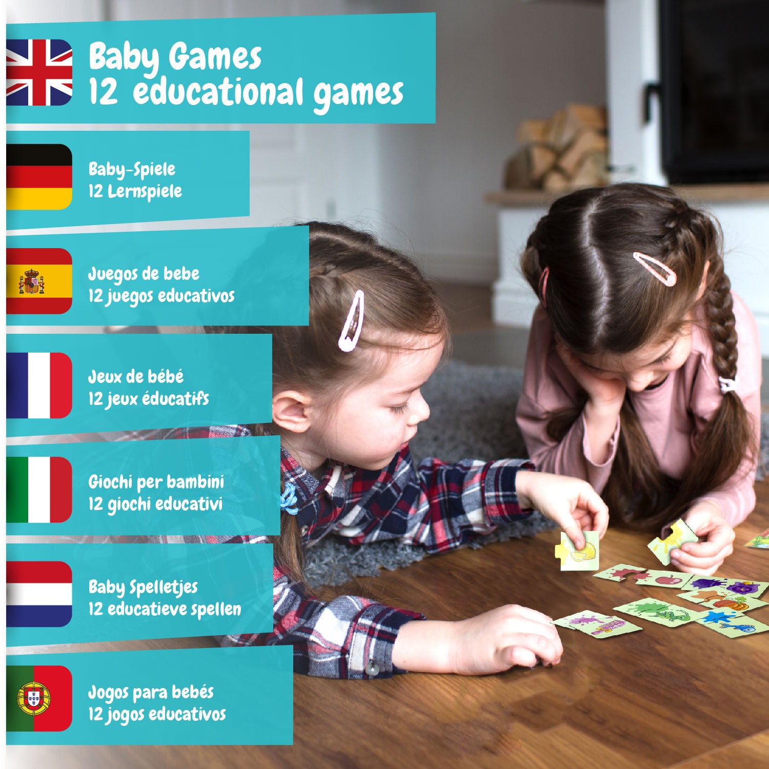 Kinderen spelen educatieve kaart- en puzzelspelletjes uit Science4you Baby Games