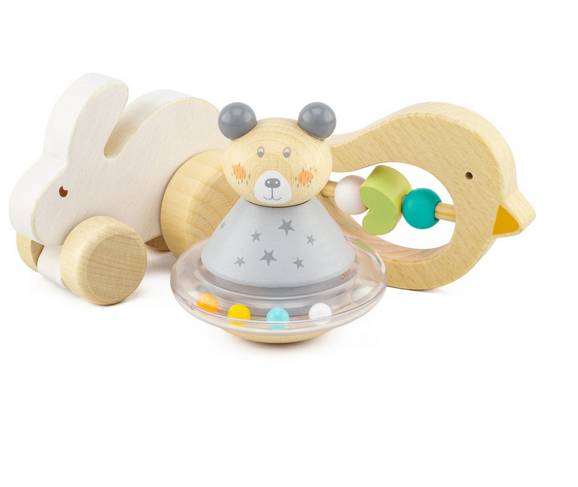 Houten baby speelgoed set met rammelaar, trekfiguur en bijtspeeltje