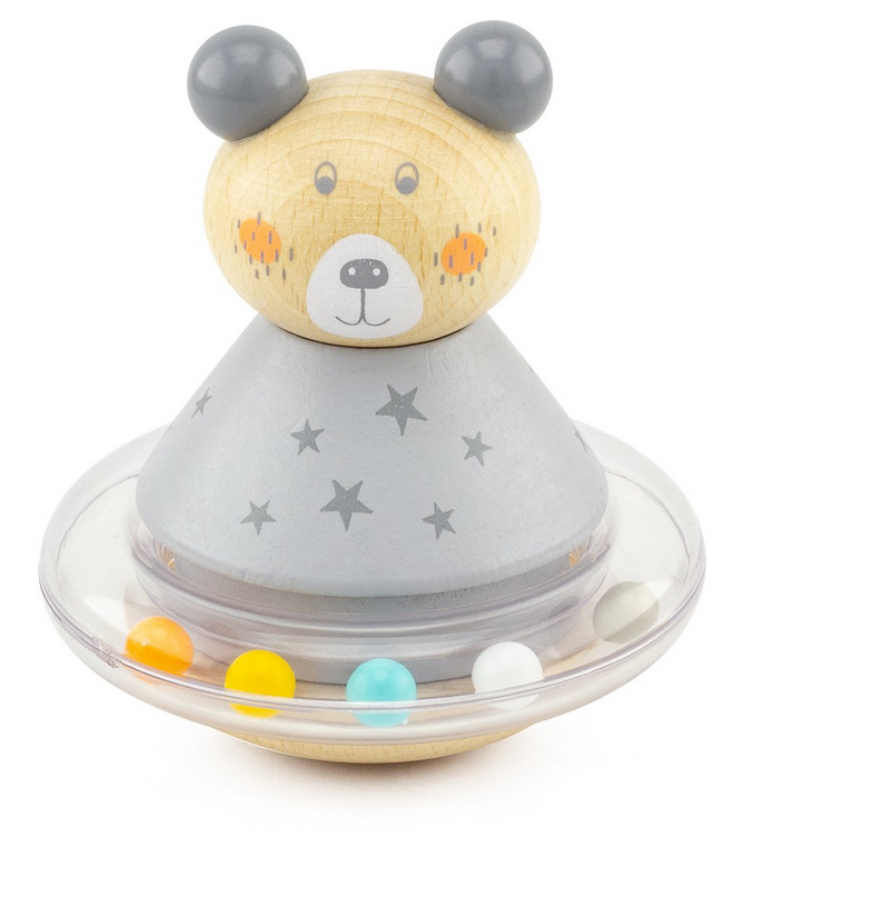 Houten baby rammelaar met beer en transparante ring met kralen