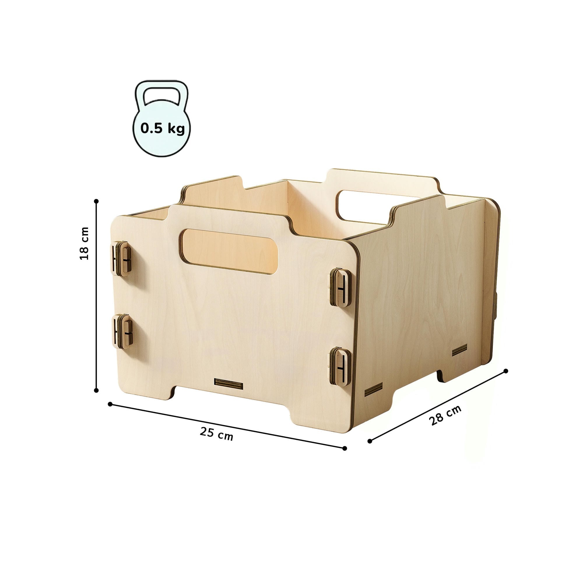 Houten speelgoed opbergbox met afmetingen en gewicht aanduiding