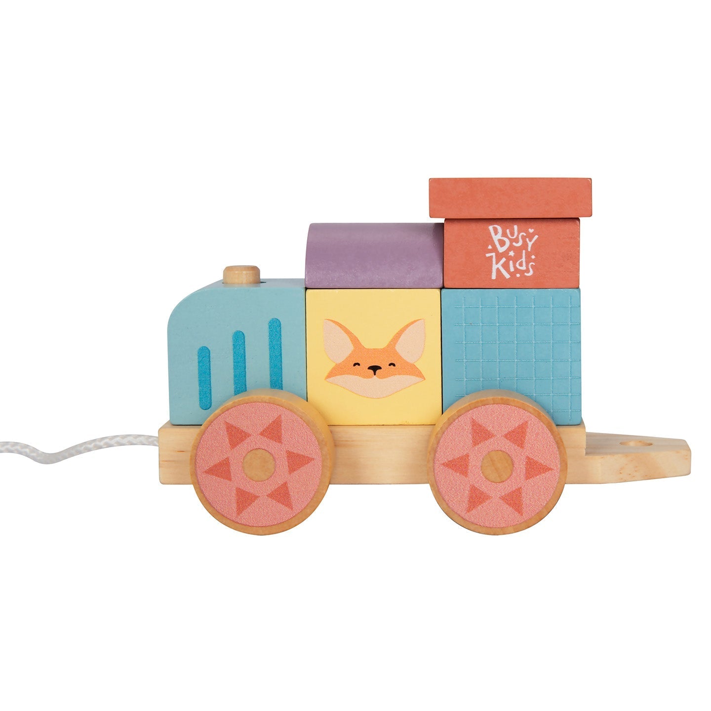 Detailfoto van houten locomotief met pastelblokken en vosillustratie