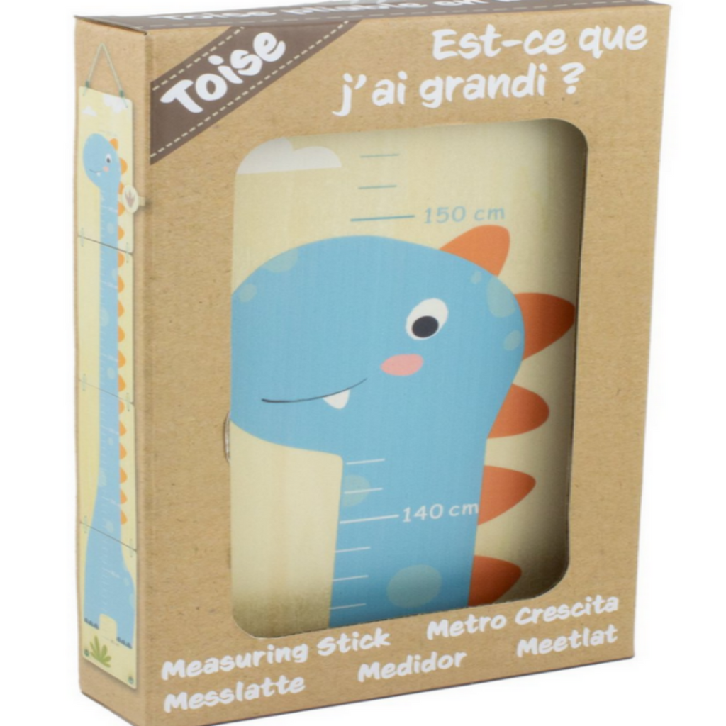 Verpakking van houten kindergroeimeter met dinosaurus illustratie