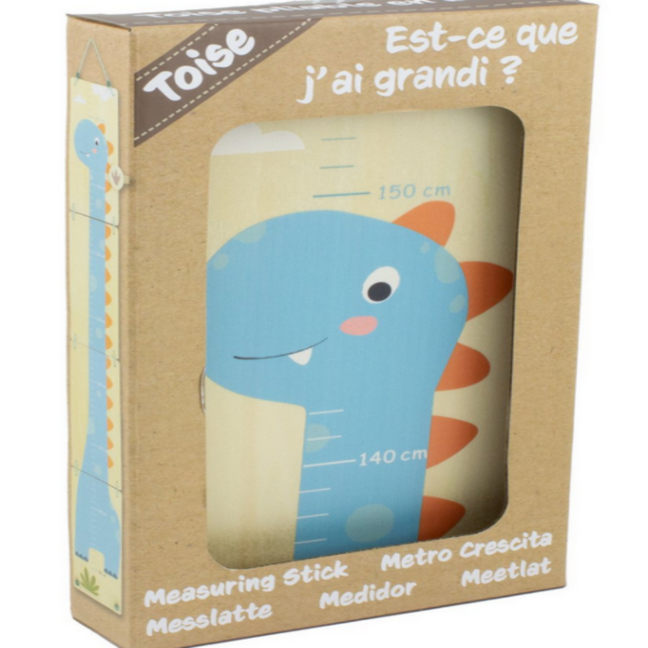 Verpakking van houten kindergroeimeter met dinosaurus illustratie