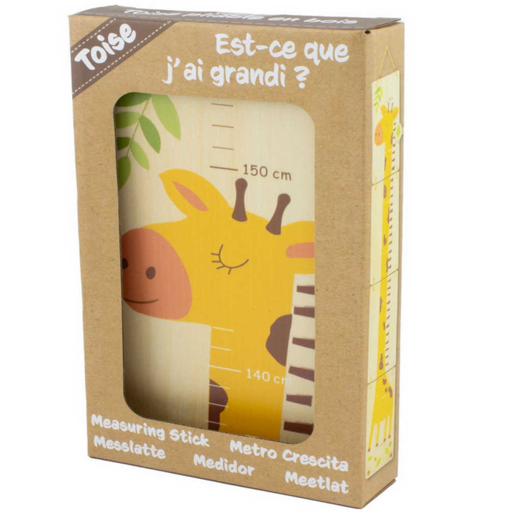 Verpakking van houten kinder groeimeter met giraf illustratie