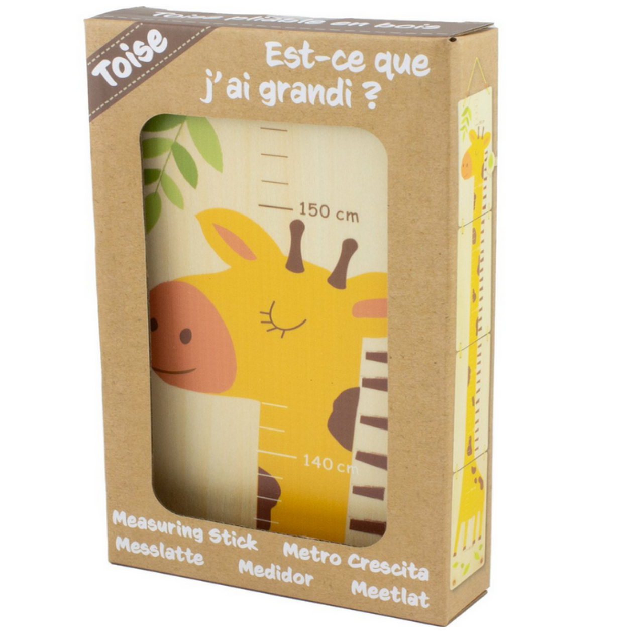 Verpakking van houten kinder groeimeter met giraf illustratie