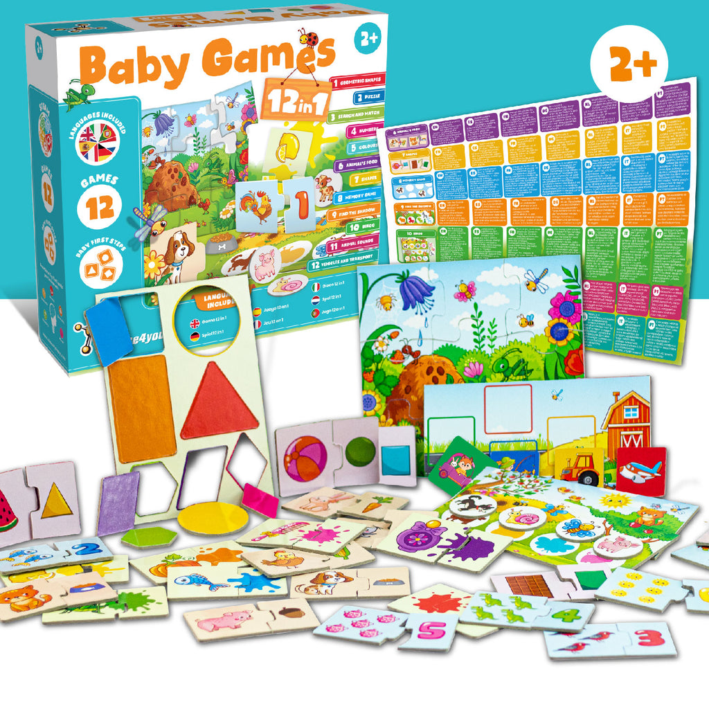 Overzicht van de 12 educatieve spelletjes uit Science4you Baby Games voor peuters vanaf 2 jaar
