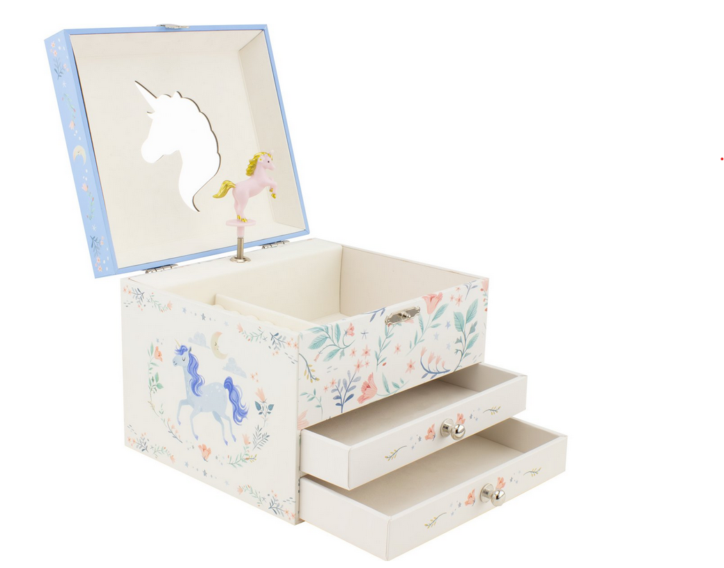 Unicorn juwelendoosje met bloemenprint en open deksel met muziekfiguur en spiegel in vorm van unicorn