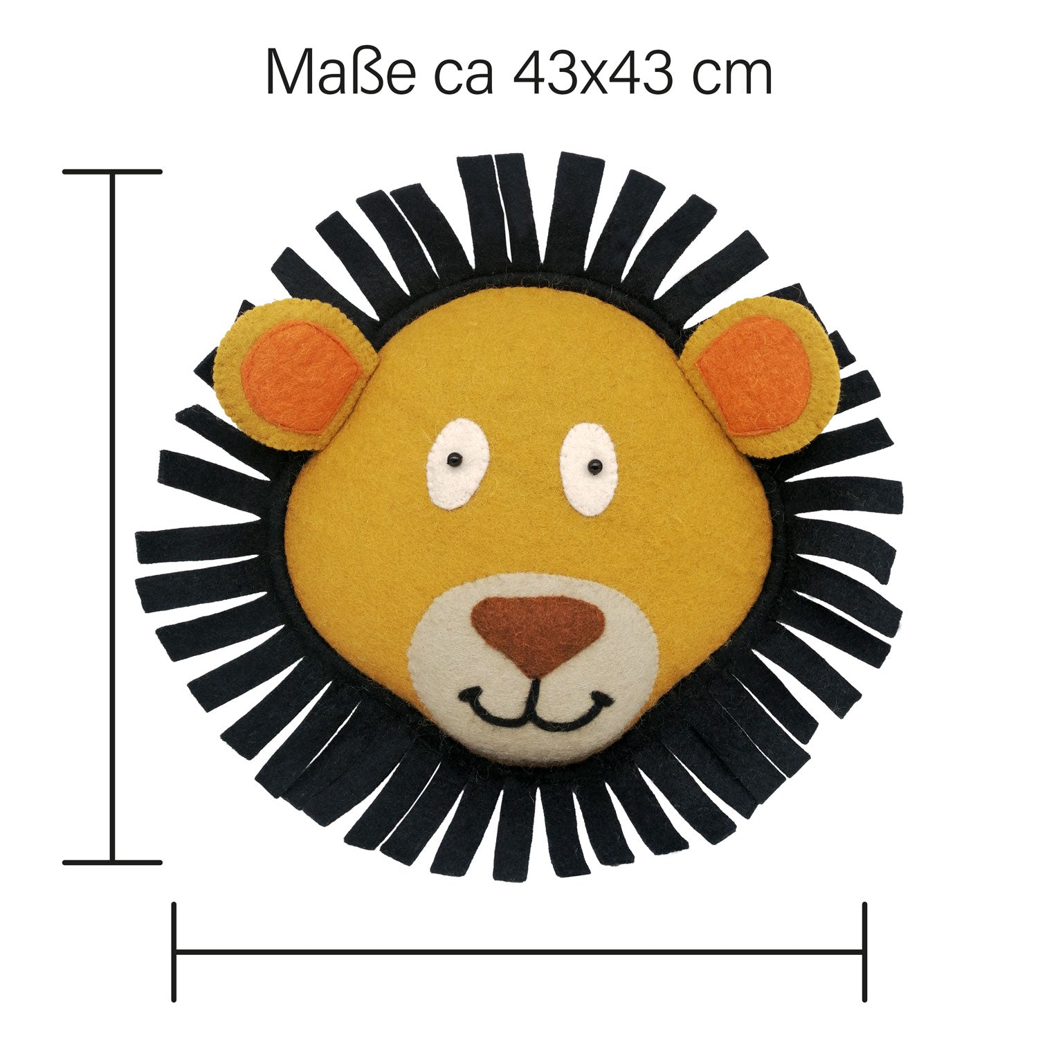Ronde vilten leeuw wanddecoratie voor kinderkamer met afmeting ca. 43 × 43 cm, decoratief dierenontwerp om op te hangen.