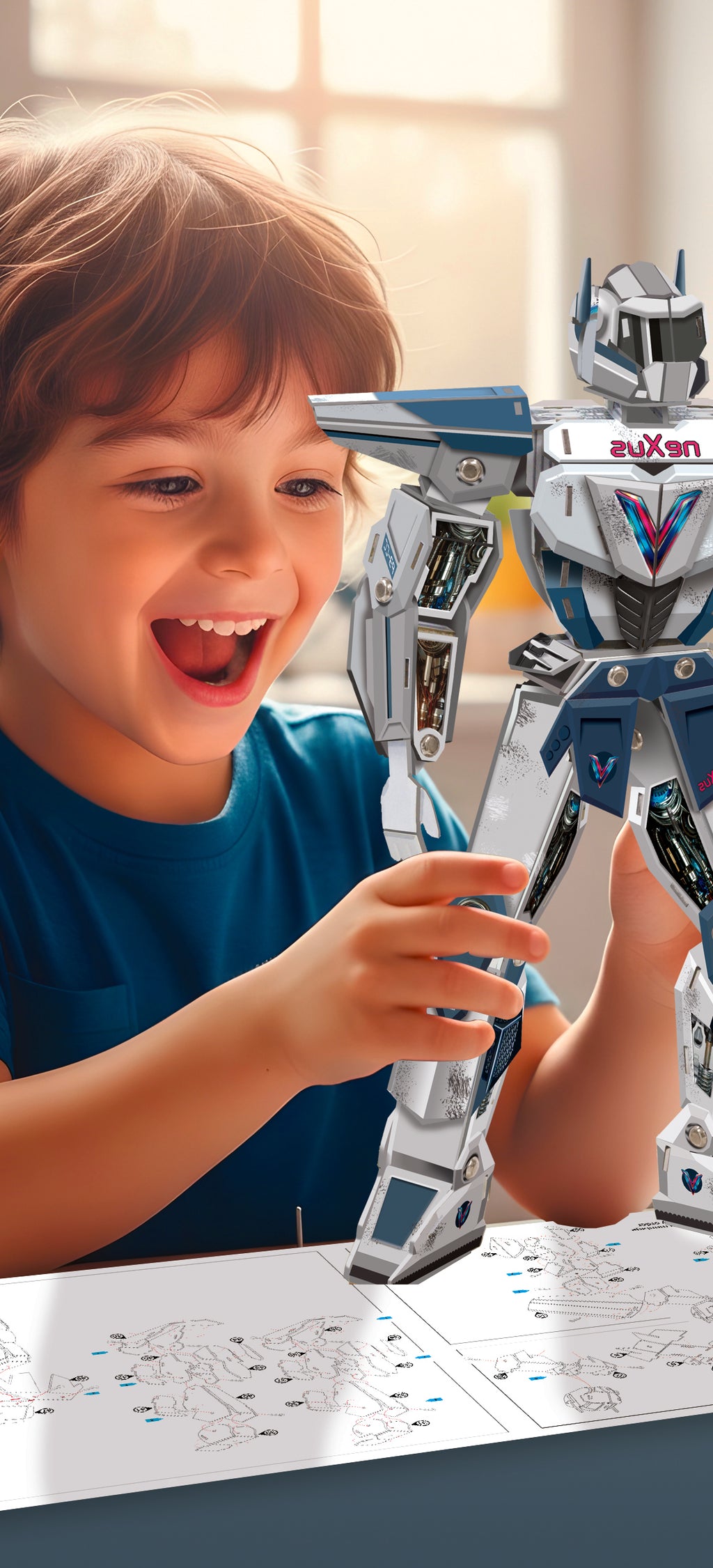 Kind speelt met grote zelfgebouwde 3D robot maquette van Crealign