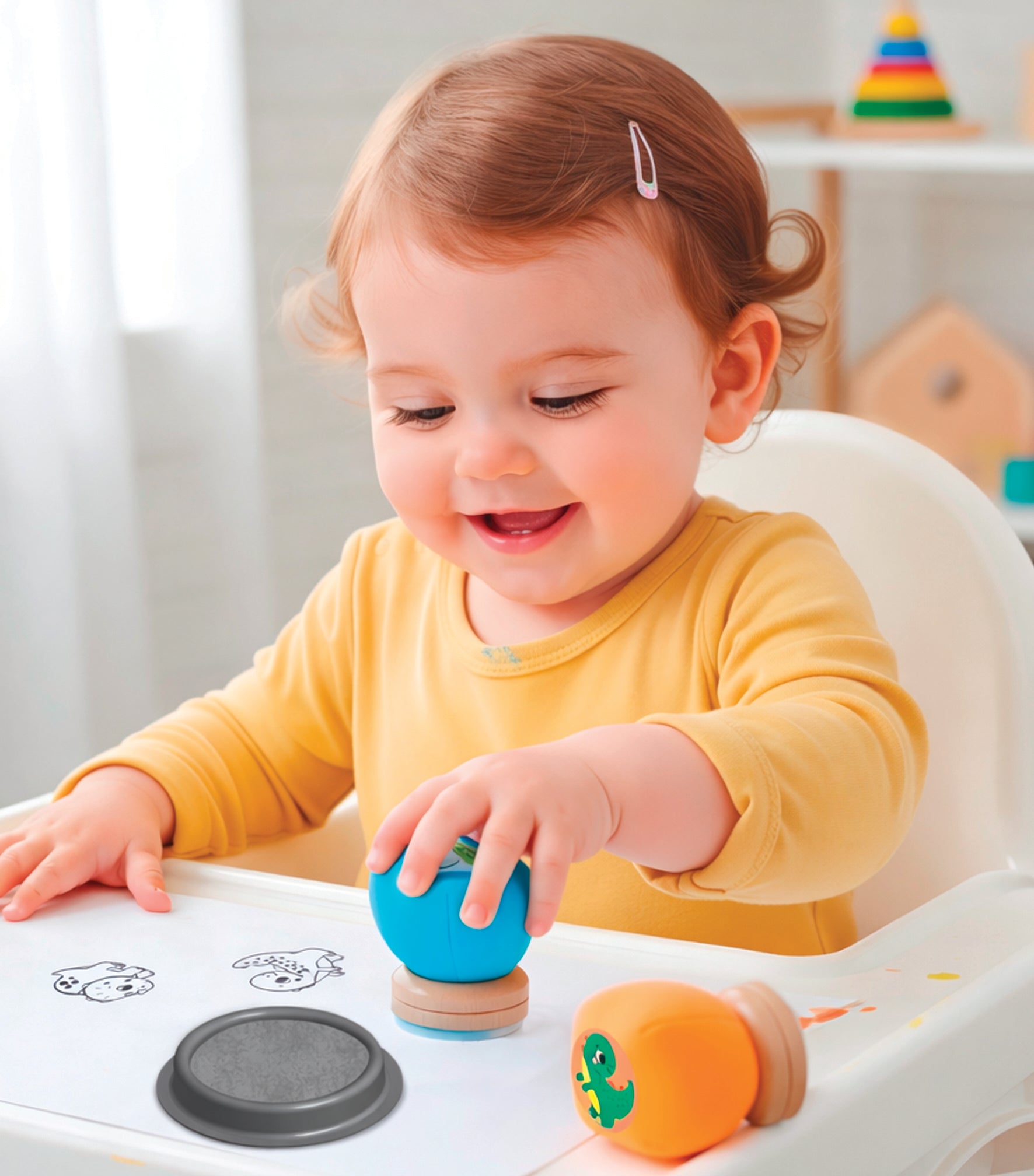 Baby speelt creatief met dinosaurus stempelset van Crealign
