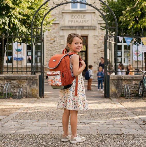 Meisje met Les Déglingos bloemen schoolrugzak op weg naar de basisschool met comfortabele A4 schooltas