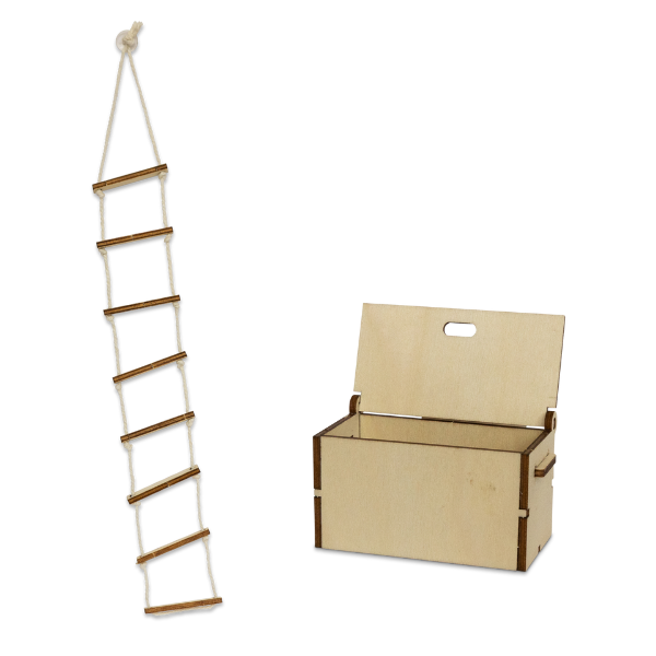 Touwladder en houten opbergkist uit Sam & Julia Muizenhuis To Go Opa’s Zeeman Kajuit